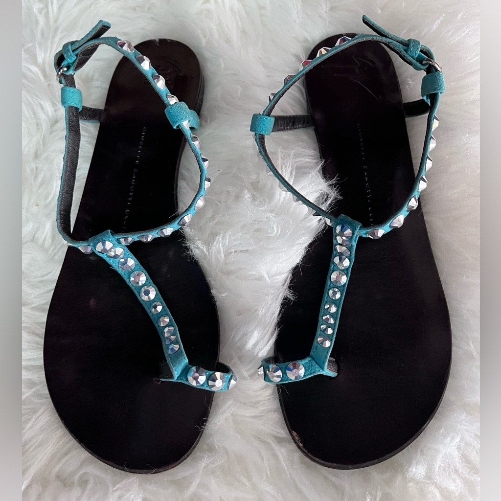 Giuseppe Zanotti Size 39 Flat Sandals Blue Suede Straps Adjustable Ankle Strap